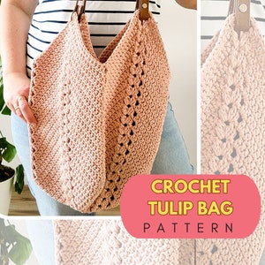 Crochet tulip bag, tote bag pattern, granny square botton bag, reusable grocery crochet bag pattern easy to follow beginners friendly
