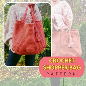 May include: Crochet shopper bag pattern. A close-up of a crocheted tote bag with a tassel. The bag is a light coral color.