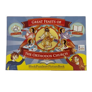 May include: A box for a children's educational game about the Great Feasts of the Orthodox Church. The box features a colorful illustration of Jesus surrounded by angels, with a rainbow underneath. The box includes a picture book and block puzzles.