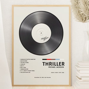 Puede incluir: Un disco de vinilo negro con una etiqueta blanca que dice "Michael Jackson" en cursiva. El disco está enmarcado en un marco de madera clara. El texto debajo del disco dice "Thriller, Michael Jackson, 29 de noviembre de 1982, Epic Records, Disco | Rock | Pop | R&B".