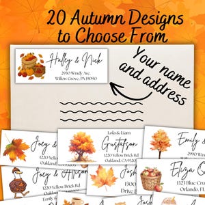 May include: A collection of rectangular address labels featuring various autumn-themed illustrations including pumpkins, fall foliage, a basket of apples, a duck, a hedgehog, a coffee cup, and an owl, with customizable text for names and addresses.