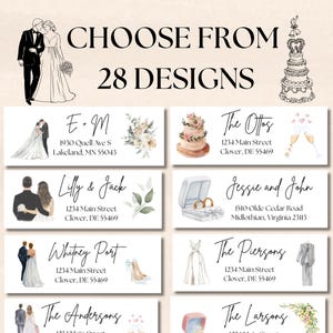 May include: Wedding-themed address labels with various designs, including couples, cakes, rings, and floral arrangements. The labels feature names and addresses, with the text "CHOOSE FROM 28 DESIGNS" at the top.