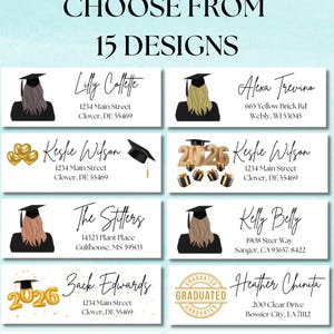 May include: A selection of graduation-themed designs, featuring names, addresses, and illustrations of graduates in caps and gowns. The text "CHOOSE FROM 15 DESIGNS" is at the top. Each design includes a name, address, and a graduation cap illustration.
