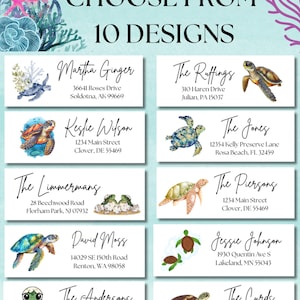 Peut inclure: Feuilles d'étiquettes d'adresse sur le thème des tortues de mer. Les étiquettes présentent des illustrations à l'aquarelle de tortues et de plantes aquatiques. Le texte "CHOOSE FROM 10 DESIGNS" est en haut. Chaque étiquette comprend un nom et une adresse.