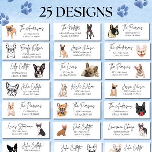 May include: A sheet of address labels with various French Bulldog illustrations. The labels feature names and addresses, with the text "CHOOSE FROM 25 DESIGNS" at the top. The labels are in a rectangular format.