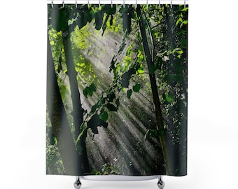 Sunrays Light in Forest Shower Curtain, Magical Forest  Polyester Bathroom Decor, Lush Green Nature Interior Design, Beautiful Vegetal Decor