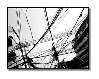 Electrical Wires in Bangkok Sky Black and White  Photography Print, Urban Sky Monochrome Wall Art, Thailand City Sky Art Poster