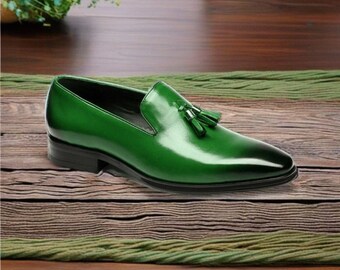 Handmade Green Tassel Loafer Slip On Derby Burnished Toe Genuine Leather Shoes