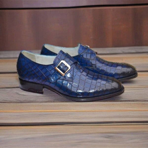 Handmade Classic Monk Strap Blue Crocodile Alligator Textured Dress Oxford Shoes Perfect Gift for Men