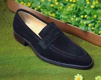 Neue handgemachte Männer schwarze Wildleder Loafers Mokassin Abendkleid Schuhe echtes Wildleder Schuhe