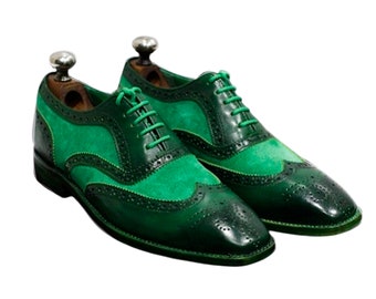 Men's Customized Handmade Men Green Leather  and Green Suede Leather Lace Up Dress Shoes