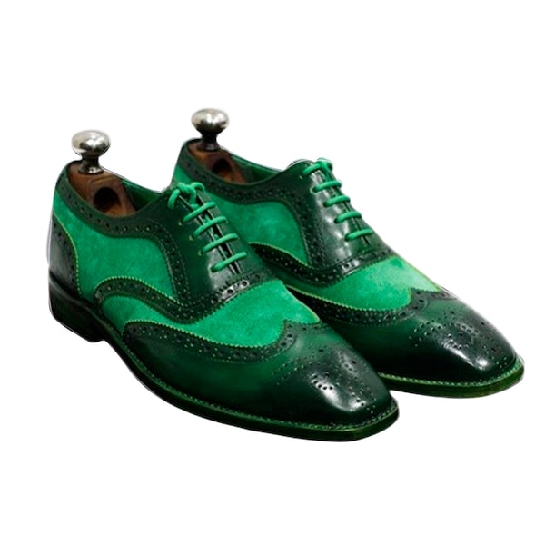 Men's Customized Handmade Men Green Leather  and Green Suede Leather Lace Up Dress Shoes