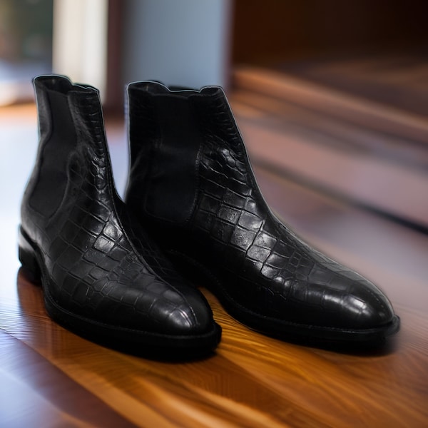 Élégance urbaine : bottines Chelsea en cuir véritable texturé crocodile noir pour hommes