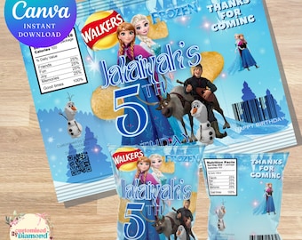 FROZEN Theme EDITABLE chip bag, DiYInstant Customisable DIGITAL Download