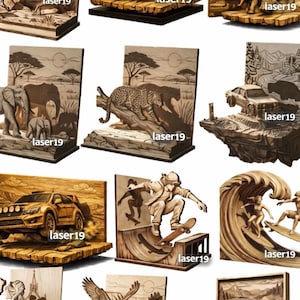 Può includere: Una collezione di opere d'arte in legno intagliato in modo intricato. I disegni includono un leone, un'auto, elefanti, un leopardo, uno skater, surfisti, una chiesa, un'aquila e un'altra auto. Ogni pezzo è montato su una base di legno con il logo "laser19".