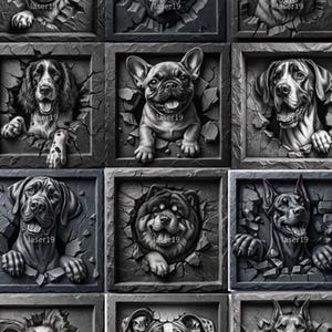 Può includere: Un'opera d'arte in scala di grigi con nove ritratti di cani che emergono da cornici simili a pietra. Ogni cornice mostra una razza diversa, tra cui un carlino, un bulldog e un labrador. La firma dell'artista, "laser19", è visibile.
