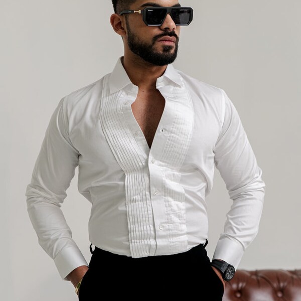 White Tuxedo Pin-tex Men's Cotton Shirt | Regular Fit | Unique Formal Wear with Intricate Stitching & Cut-Away Design | Elegant Menswear