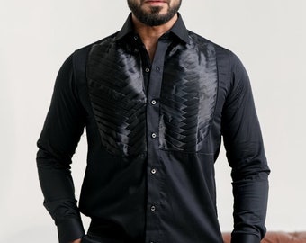 Classic Black Tuxedo Shirt for Men | Pin-tex Cotton with Unique Cut-Away Design | Stylish Stitching | Formal Wear Essential