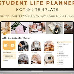 Può includere: Uno schermo di un laptop che mostra un modello Notion di pianificatore di vita studentesca. L'interfaccia presenta sezioni per la pianificazione, la produttività e lo stile di vita, con l'obiettivo di massimizzare la produttività. Lo schermo mostra un calendario e pulsanti di azione rapida.