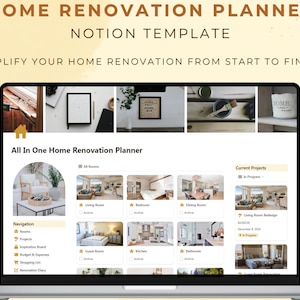 Puede incluir: Una pantalla de computadora portátil que muestra una plantilla de Notion para la planificación de la renovación de una casa. La plantilla incluye secciones para todas las habitaciones, proyectos actuales, navegación y una lista de compras. La pantalla está rodeada de imágenes de decoración del hogar y proyectos de renovación.