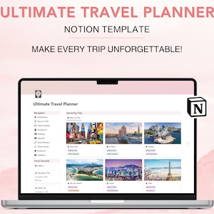 May include: A laptop computer screen displaying a Notion template for travel planning. The template is titled "Ultimate Travel Planner" and features a navigation menu, a section for upcoming trips, and a travel checklist. The screen also shows images of various cities, including New York City, London, Sydney, Rio de Janeiro, Hong Kong, and Paris.