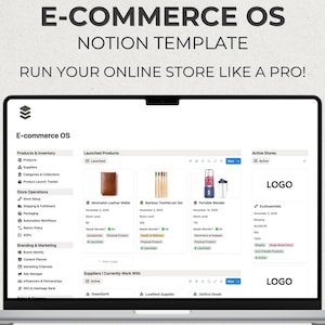 May include: A laptop screen showing an e-commerce Notion template. The screen displays product listings, store operations, and branding sections. Text at the top reads "E-COMMERCE OS NOTION TEMPLATE RUN YOUR ONLINE STORE LIKE A PRO!"