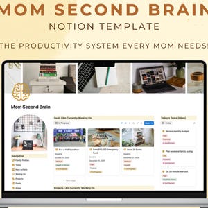 Op de afbeelding: Een laptopscherm met een Notion-sjabloon met de titel "Mom Second Brain". Het scherm toont een productiviteitssysteem met secties voor doelen en taken. De bovenste banner luidt "MOM SECOND BRAIN NOTION TEMPLATE."