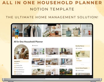 May include: A laptop computer screen displaying a Notion template for a household planner. The template includes sections for rooms, cleaning tasks, a monthly planner, home maintenance, a wardrobe manager, and an outfit planner. The screen also shows images of different rooms in a house.