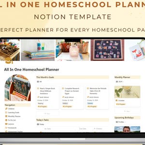 Op de afbeelding: Een laptopscherm met een Notion-sjabloon voor het plannen van thuisonderwijs. Het sjabloon bevat secties voor maandelijkse doelen, taken voor vandaag en komende verjaardagen. Het scherm toont ook afbeeldingen van boeken, een periodiek systeem en een kopje koffie.