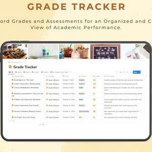 May include: A screenshot of a grade tracker app on a tablet. The app has a list of assignments, dates, subjects, grades, and comments. The app is designed to help teachers and parents track student progress.