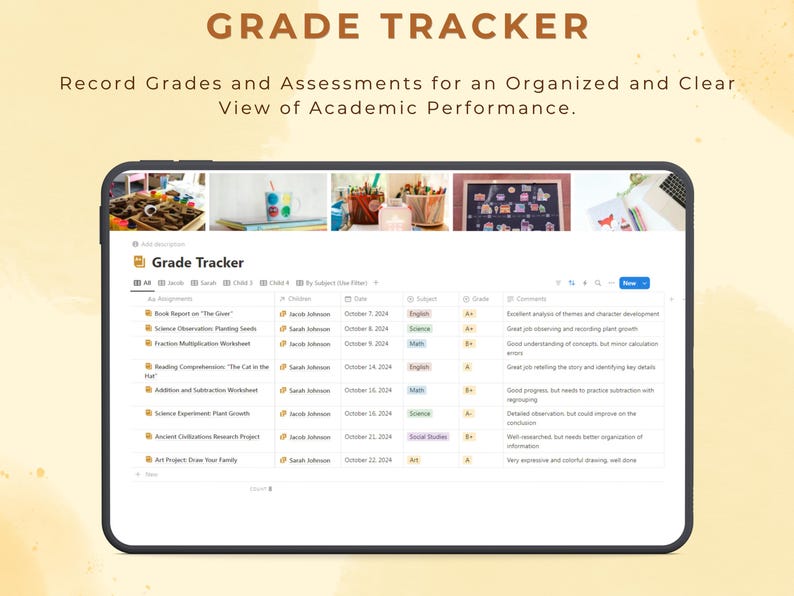 May include: A screenshot of a grade tracker app on a tablet. The app has a list of assignments, dates, subjects, grades, and comments. The app is designed to help teachers and parents track student progress.