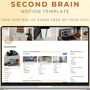 May include: A laptop displaying a Notion template titled "Second Brain." The screen shows a digital planner with sections for goals, tasks, and projects. The top banner reads "Take control of every area of your life!"
