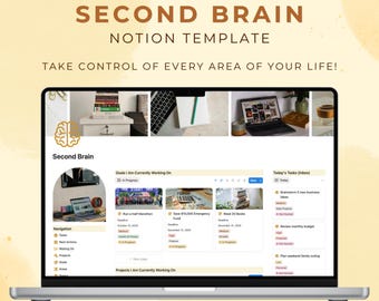 Könnte beinhalten: Ein Laptop mit einer Notion-Vorlage namens "Second Brain". Der Bildschirm zeigt einen digitalen Planer mit Abschnitten für Ziele, Aufgaben und Projekte. Das Banner oben lautet: "Übernehmen Sie die Kontrolle über jeden Bereich Ihres Lebens!"
