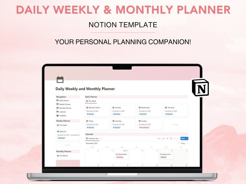 Notion Daily Weekly and Monthly Planner Template Aesthetic Notion to Do ...