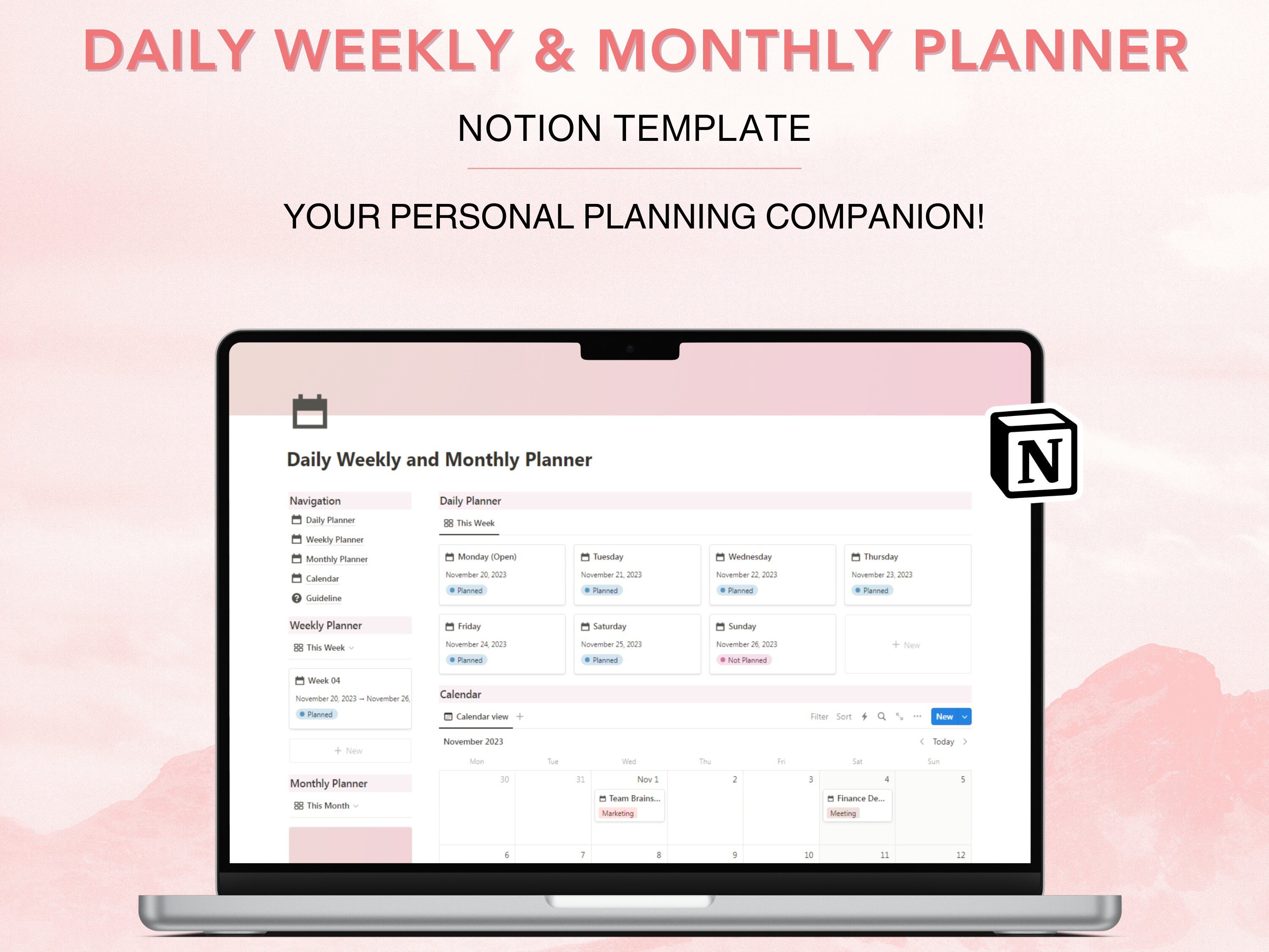 Notion Daily Weekly and Monthly Planner Template Aesthetic Notion To Do List Calendar Work Day Schedule Minimal Productivity Planner Adhd