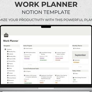 Peut inclure: Une capture d'écran d'un modèle de planificateur de travail Notion affiché sur l'écran d'un ordinateur portable. Le modèle comprend des sections pour les projets actifs, les objectifs professionnels actuels, un planificateur mensuel et les notes du jour. Le modèle est conçu pour aider les utilisateurs à maximiser leur productivité.