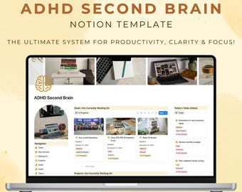 Modello di nozione ADHD Second Brain Planner Metodo PARA GTD Gestione del progetto Attività quotidiane Obiettivi Focus Tracker Dashboard di nozione estetica