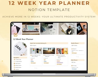 May include: A laptop computer screen displaying a Notion template for a 12-week year planner. The template includes sections for goals, weekly planning, and daily planning. The text "12 Week Year Planner" and "Notion Template" is displayed at the top of the screen.