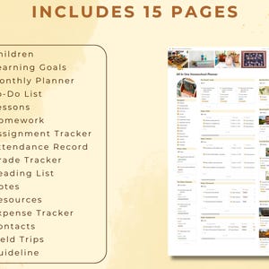 May include: A printable homeschool planner with 15 pages. The planner includes sections for children, learning goals, monthly planner, to-do list, lessons, homework, assignment tracker, attendance record, grade tracker, reading list, notes, resources, expense tracker, contacts, field trips, and guideline.