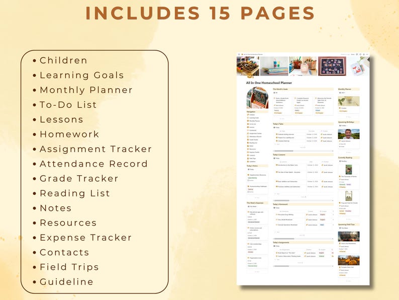 May include: A printable homeschool planner with 15 pages. The planner includes sections for children, learning goals, monthly planner, to-do list, lessons, homework, assignment tracker, attendance record, grade tracker, reading list, notes, resources, expense tracker, contacts, field trips, and guideline.