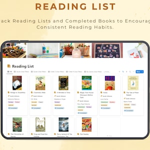 May include: A screenshot of a tablet displaying a reading list app. The app has a list of books with covers, titles, and authors. The app allows users to track their reading progress and mark books as completed.