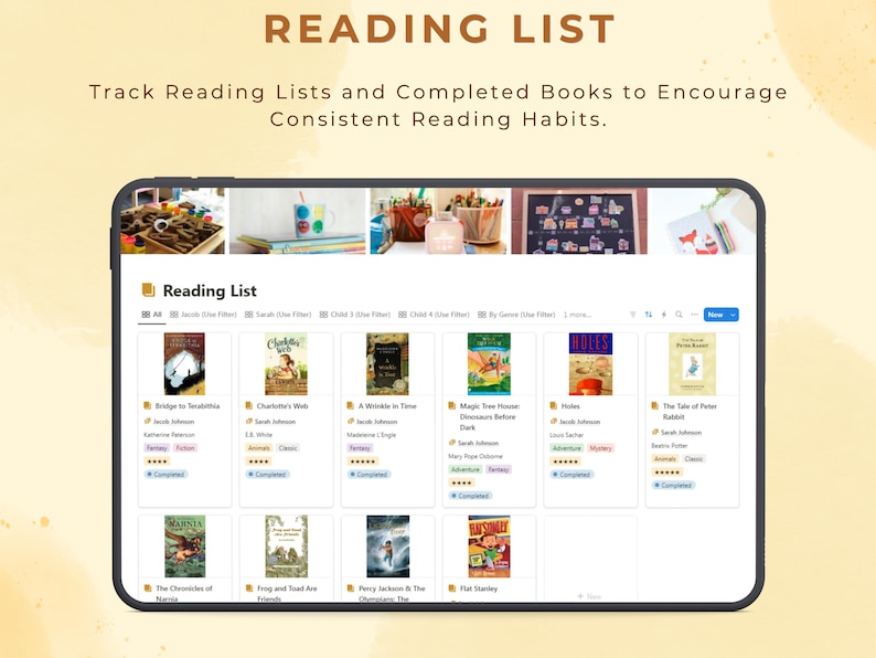 May include: A screenshot of a tablet displaying a reading list app. The app has a list of books with covers, titles, and authors. The app allows users to track their reading progress and mark books as completed.
