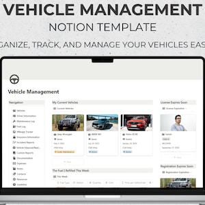 Notion Template Vehicle Management for Multiple Drivers Car Planner Maintenance Log Mileage Tracker Insurance Accidents Expenses Fuel Log