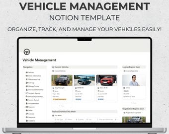 May include: A screenshot of a Notion template for vehicle management. The template includes sections for navigation, current vehicles, license expiration, registration expiration, and fuel refills. The template is designed to help users organize, track, and manage their vehicles easily.