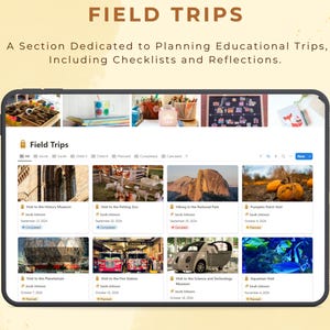 May include: A screenshot of a computer screen showing a website for planning field trips. The website has a list of field trips, including a visit to the history museum, the petting zoo, the national park, a pumpkin patch, the planetarium, the fire station, the science and technology museum, and the aquarium. Each field trip has a title, date, and status.