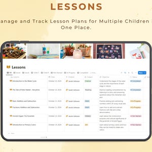 May include: A screenshot of a website showing a lesson planner for multiple children. The website is called "Lessons" and has a list of lessons, dates, teachers, subjects, objectives, and status. The lessons include "Introduction to the Water Cycle", "The Tale of Peter Rabbit - Storytime", "Basic Addition and Subtraction", "Fractions: Addition and Subtraction", "Ancient Egypt: The Pyramids", and "Introduction to Primary Colors".