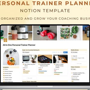 May include: A laptop screen displays a "Personal Trainer Planner" Notion template. The screen shows various sections for organizing a coaching business, including nutrition, exercise, and client tracking. The image also includes fitness-related items like boxing gloves and supplements.