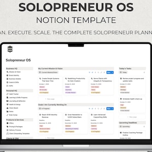 May include: A laptop displaying a Notion template titled "SOLOPRENEUR OS". The screen shows a planner interface with sections for business, personal, and product management, with the text "PLAN. EXECUTE. SCALE. THE COMPLETE SOLOPRENEUR PLANNER!"