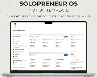 May include: A laptop displaying a Notion template titled "SOLOPRENEUR OS". The screen shows a planner interface with sections for business, personal, and product management, with the text "PLAN. EXECUTE. SCALE. THE COMPLETE SOLOPRENEUR PLANNER!"