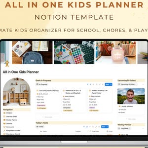 Peut inclure: Un ordinateur portable affichant un modèle de planificateur numérique pour enfants, avec le texte "ALL IN ONE KIDS PLANNER" et "NOTION TEMPLATE". L'écran affiche des sections pour l'école, les tâches et les jeux, avec un fond jaune clair.